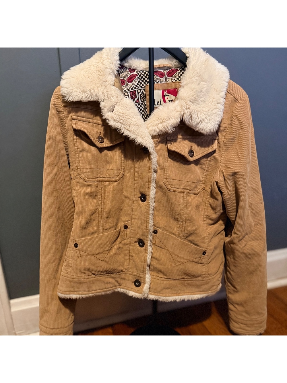 Lei Women's Corduroy Jacket with Faux Fur Collar and Floral Lining, Size Large